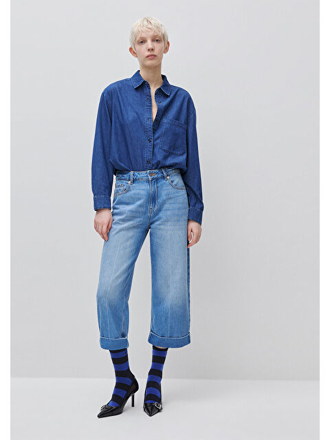 United Colors Of Benetton Kadın Lacivert %100 Pamuk Yamalı Cepli Düğmeli Denim Gömlek