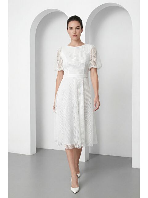 Lafaba Kadın Beyaz Balon Kol File Kumaş Detaylı Midi Kloş Abiye Elbise - S000517650-20063