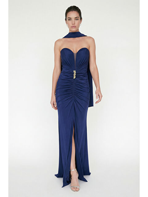 Lafaba Kadın Lacivert Dar Kalıp Straplez Yaka Şal Detay Yırtmaçlı Uzun Abiye - S000491348-21164