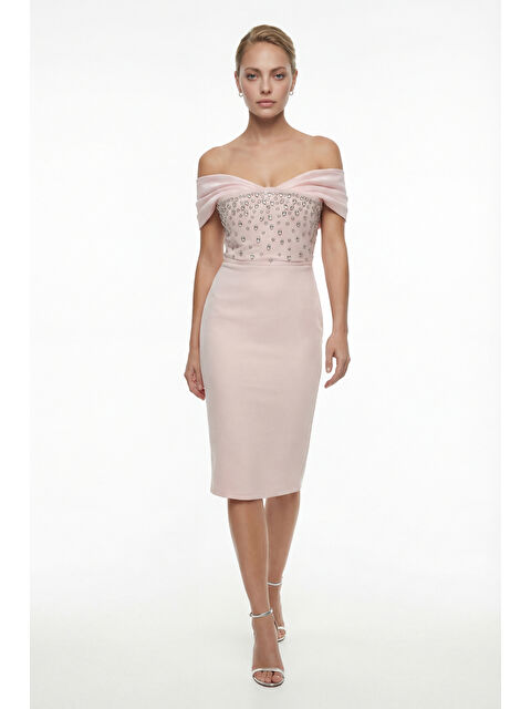 Lafaba Kadın Pudra Kayık Yaka Taşlı Midi Söz Nişan Nikah Abiye Elbise - S000523414-7152