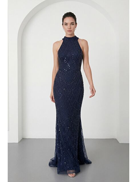 Lafaba Kadın Lacivert Dar Kalıp Halter Yaka Taşlı Uzun Balık Abiye Elbise - S000523416-21164