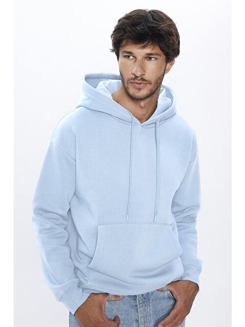 TUDORS Unisex Oversize Geniş Kesim Pamuklu Yumuşak Dokulu İçi Polarlı Basic Mavi Kapüşonlu Sweatshirt