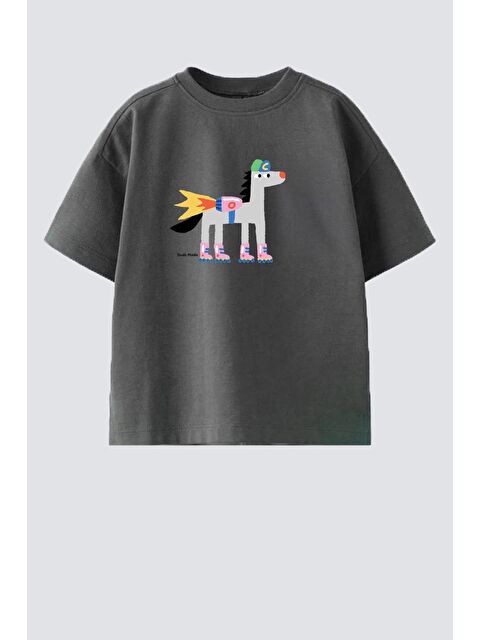 Monila Unisex Çocuk Pamuklu Bisiklet Yaka Baskılı T-Shirt - S000514721-29666