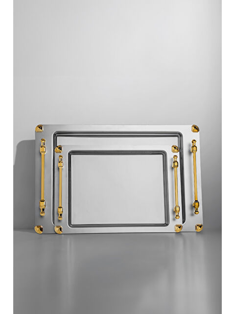 Nehir Verona Ayaklı 2'li Altın Saten Çelik Tepsi Seti - S000494823-20076