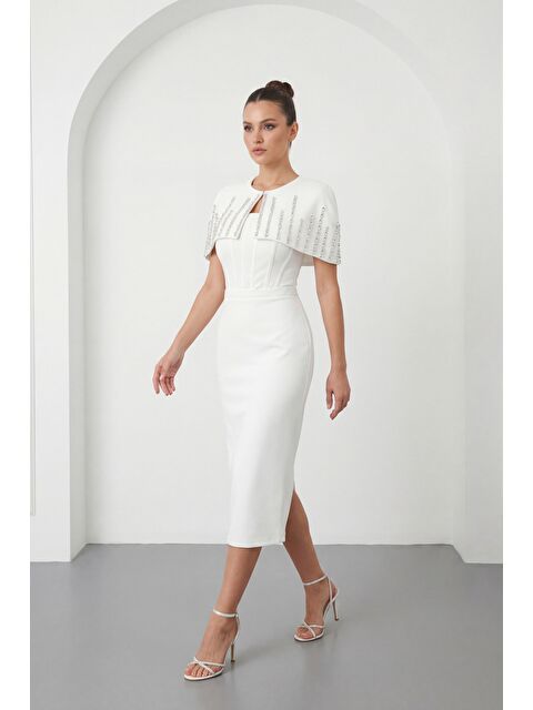 Lafaba Kadın Beyaz Dar Kalıp Ceketli Taşlı Midi Söz Nişan Nikah Abiye Elbise - S000523413-20063