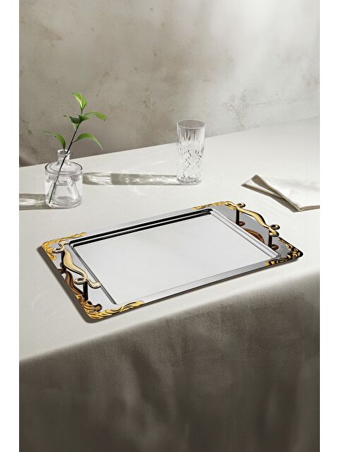 Nehir Lalezar Altın Sade Çelik Çay Tepsi - S000494825-20076