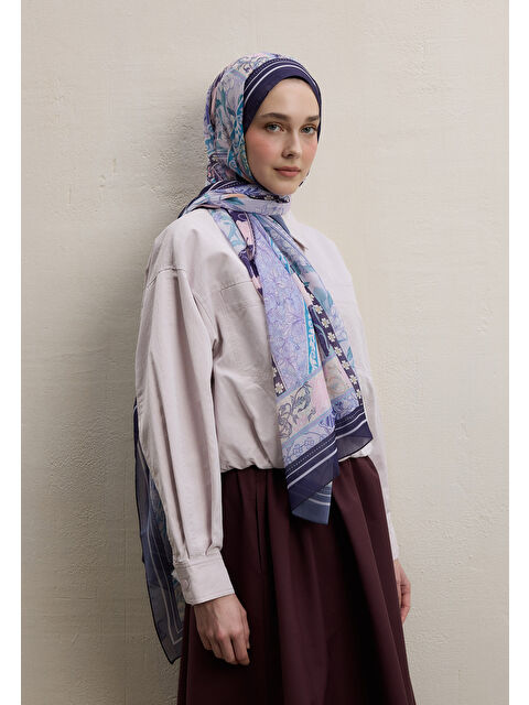 Fresh Scarfs Lılıes Desen İpek Krep Şal Lavanta - S000420396-475