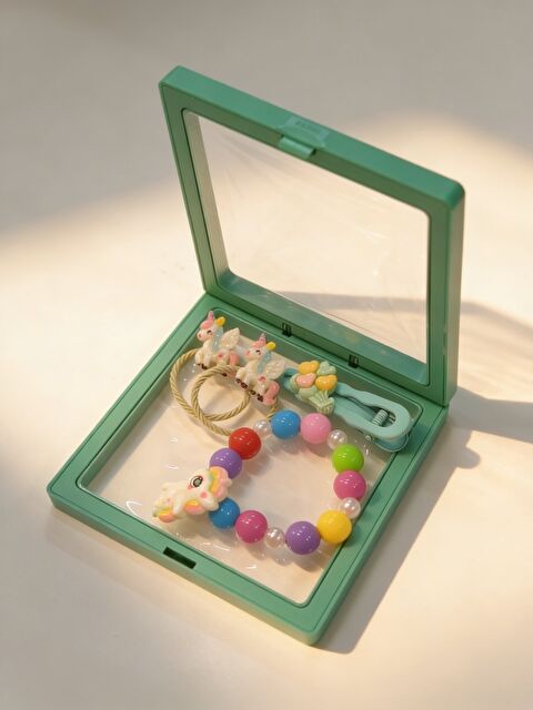 Katia And Bony Kız Çocuk 4'Lü Renkli Unicornlu Plastik Kutulu Toka Bileklik Seti Yeşil