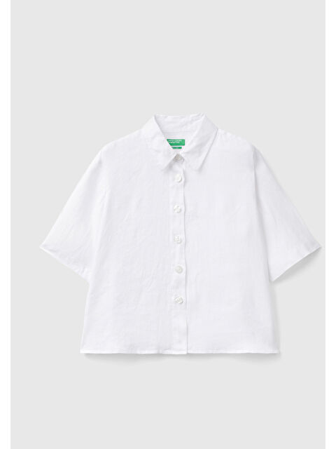 United Colors Of Benetton Kadın Beyaz %100 Keten Yarım Kollu Düz Gömlek