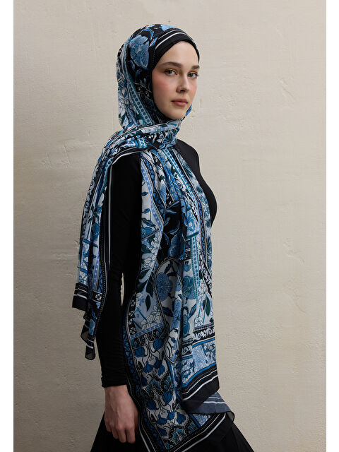 Fresh Scarfs Lılıes Desen İpek Krep Şal Lacivert - S000420396-21164