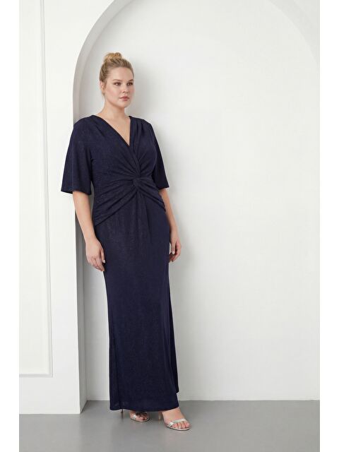 Lafaba Kadın Lacivert V Yaka Kısa Kol Büyük Beden Uzun Abiye Elbise - S000523419-21164