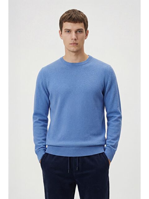 Sabri Özel Mavi Standart Fit Yün Karışımlı Bisiklet Yaka Düz Erkek Triko Kazak - S000524373-17234