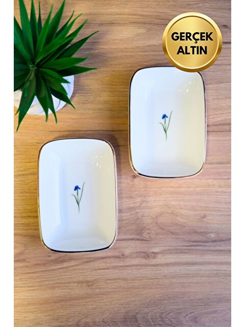 TABAK EVİ Porselen Natura İris Altın Yaldızlı Dikdörtgen Kayık Tabak 10x7x2cm 2 li - S000494842-23173