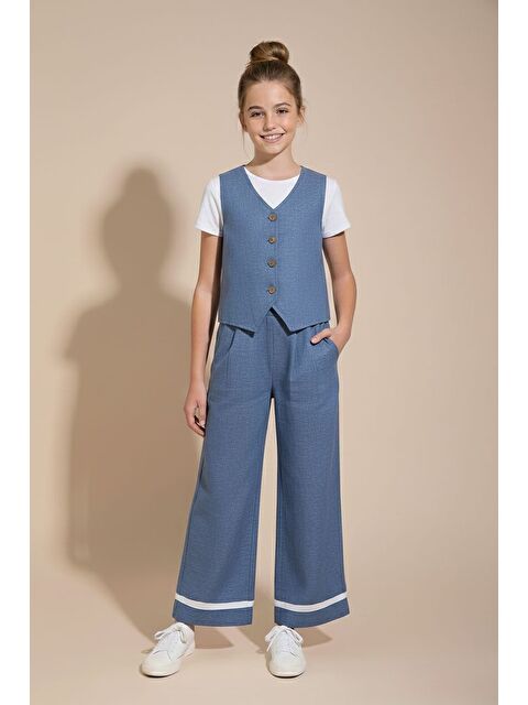 Cansın Mini İndigo Düğmeli Keten Yelekli Geniş Paça Pantolonlu Kız Çocuk Takım 23492 - S000495578-23093