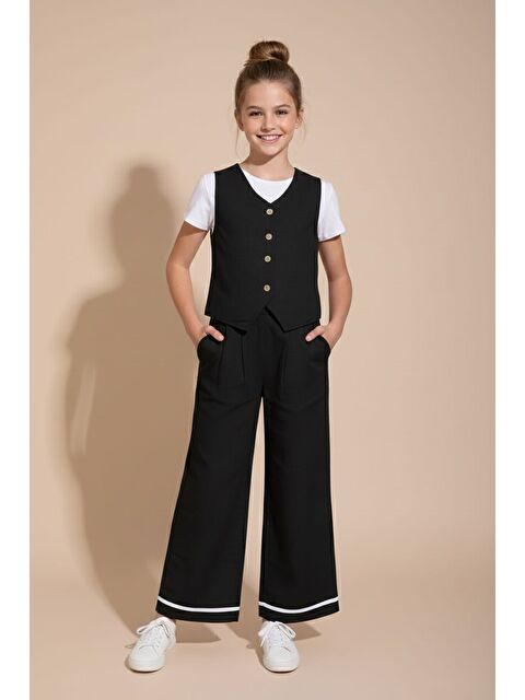 Cansın Mini Siyah Düğmeli Keten Yelekli Geniş Paça Pantolonlu Kız Çocuk Takım 23493 - S000495578-19351