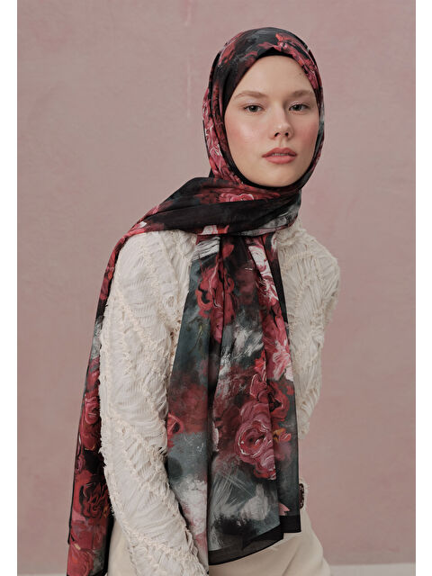Fresh Scarfs Love In Bloom Desen Vual Şal Siyah - S000420493-19351