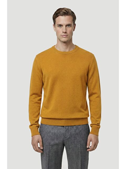 Sabri Özel Safran Standart Fit Yün Karışımlı Bisiklet Yaka Düz Erkek Triko Kazak - S000524374-9647