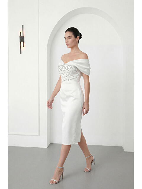 Lafaba Kadın Beyaz Kayık Yaka Taşlı Midi Söz Nişan Nikah Abiye Elbise - S000523414-20063