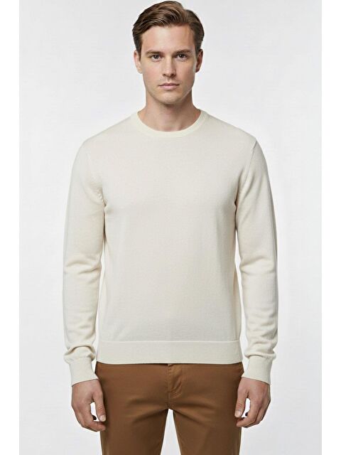 Sabri Özel Ekru Regular Fit Pamuklu Bisiklet Yaka Erkek Triko Kazak - S000524379-19965