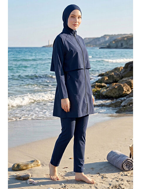 Haliç Mayo Önü Kapaklı Tam Kapalı Tesettür Mayo 6201 Koyu Lacivert