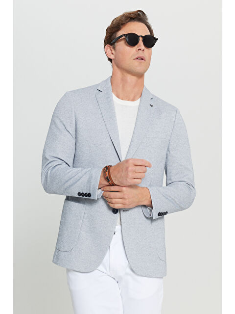Altınyıldız Classics Erkek İndigo 360 Her Yöne Esneyen Slim Fit Dar Kesim Mono Yaka Armürlü Torba Cepli Blazer Ceket