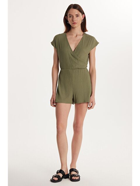 TUDORS Kadın Regular Fit Kısa Kollu V Yaka Haki Tulum - S000523422-18547