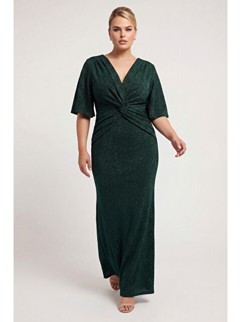 Lafaba Kadın Zümrüt Yeşili V Yaka Kısa Kol Büyük Beden Uzun Abiye Elbise - S000523419-18709