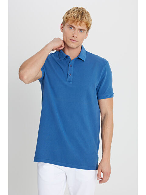 Altınyıldız Classics Erkek İndigo %100 Pamuk Slim Fit Dar Kesim Polo Yaka Tişört