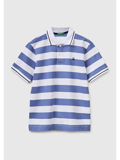 United Colors Of Benetton Erkek Çocuk Mavi Mix Çizgili Logo Nakışlı Polo Yaka Çocuk T-Shirt