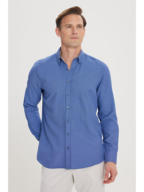 Altınyıldız Classics Erkek Mavi Slim Fit Dar Kesim %100 Pamuk Düğmeli Yaka Oxford Gömlek