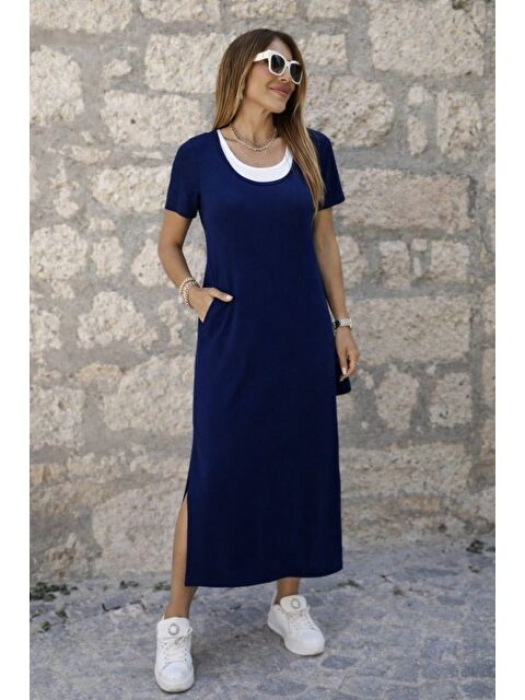 Jane's Kadın Kısa Kollu Içi Atlet Görünümlü Yandan Yırtmaçlı Uzun Viskon Elbise