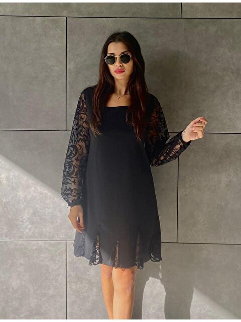 Jane's Kadın Uzun Kollu Yuvarlak Yaka Kol Ve Etek Ucu Dantelli Kısa Ithal Krep Elbise