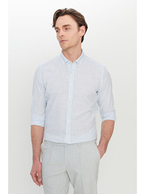 Altınyıldız Classics Erkek Mavi %100 Pamuk Slim Fit Düğmeli Yaka Armürlü Flamlı Gömlek