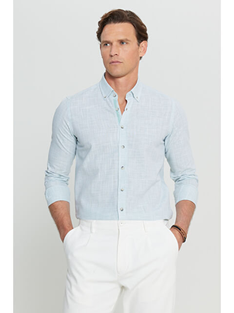 Altınyıldız Classics Erkek Haki %100 Pamuk Slim Fit Düğmeli Yaka Armürlü Flamlı Gömlek