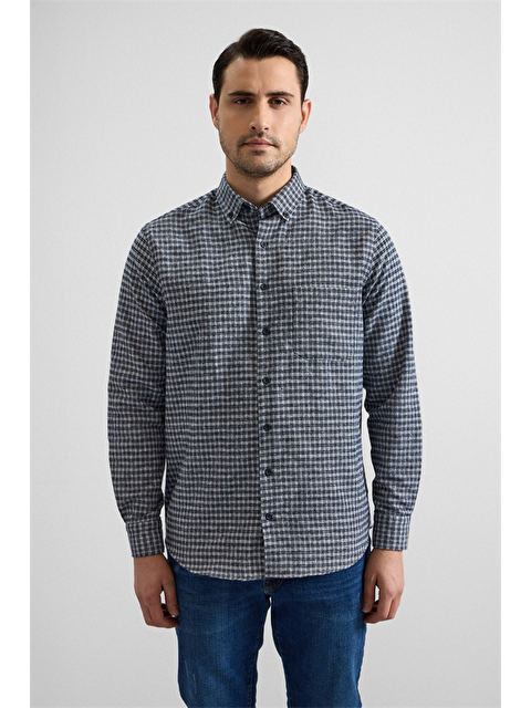 Süvari Lacivert Regular Düğmeli Yaka Kareli Casual Gömlek