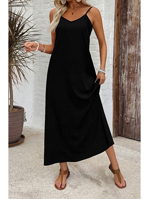 Jane's Kadın Ip Askılı Geniş V Yakalı Desenli Süprem Elbise