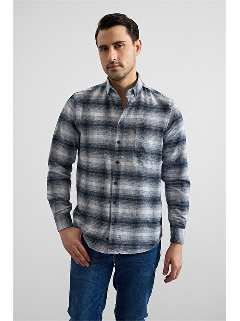 Süvari Siyah Regular Düğmeli Yaka Kareli Casual Gömlek