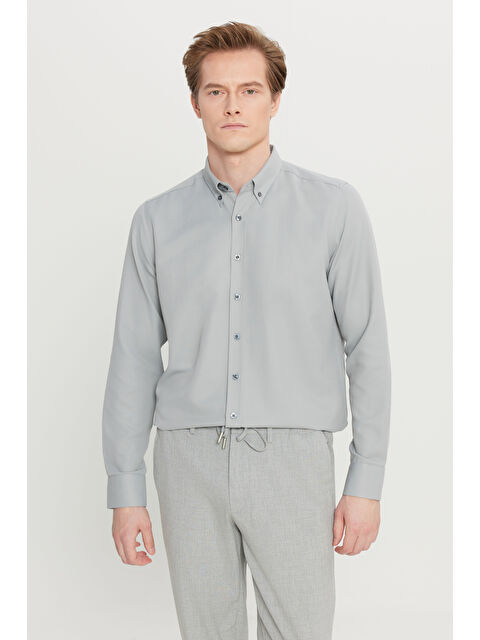 Altınyıldız Classics Erkek Gri Pamuklu Tailored Slim Fit Dar Kesim Düğmeli Yaka Armürlü Gömlek