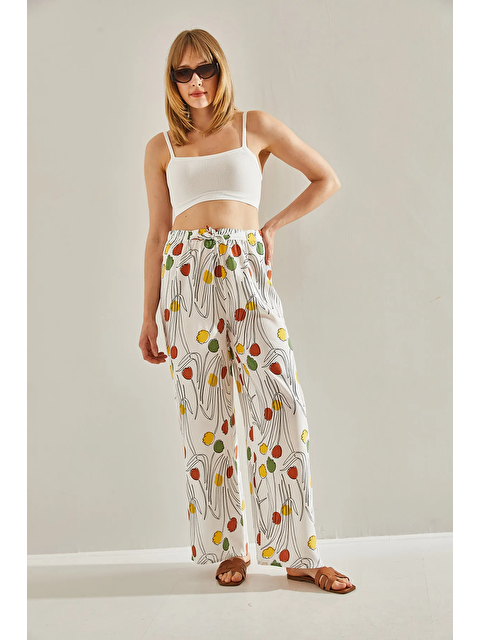 SHADE Kadın Desenli Beli Lastikli Bağlamalı Dökümlü Keten Palazzo Pantolon - S000377185-5409