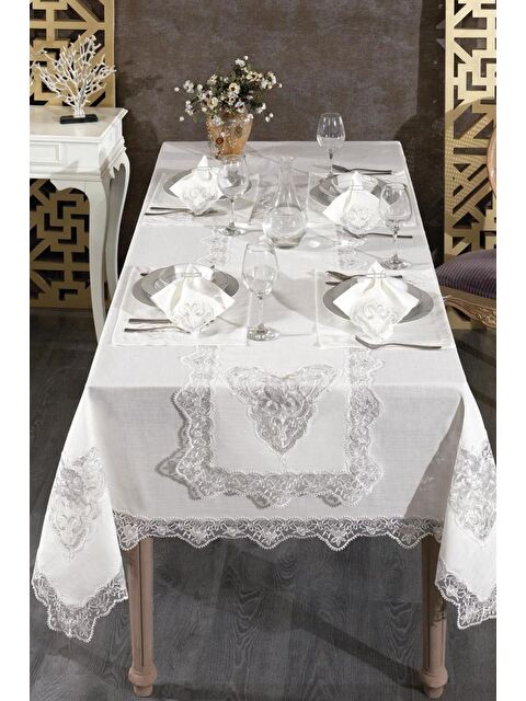 Çeyiz Diyarı Katre Fransız Dantelli Keten Yemek Takımı - 26 Parça Krem - S000496394-19966