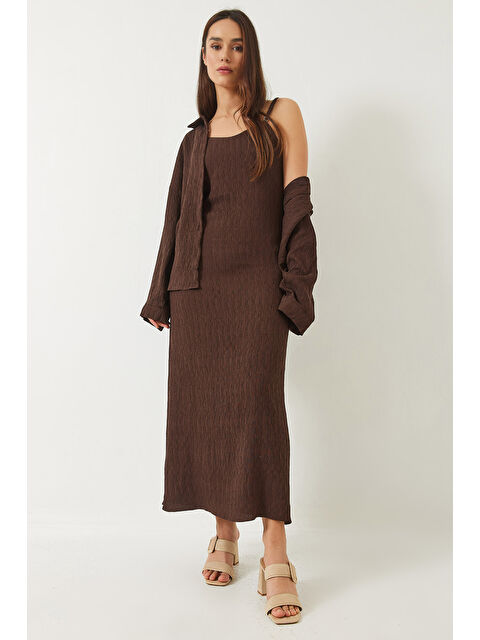 SHADE Kadın Dokulu İnce Askılı Elbise Oversize Gömlek 'li Takım - S000377186-28102