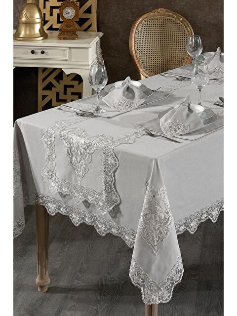 Çeyiz Diyarı Katre Fransız Dantelli Keten Yemek Takımı - 26 Parça Gri - S000496395-20600