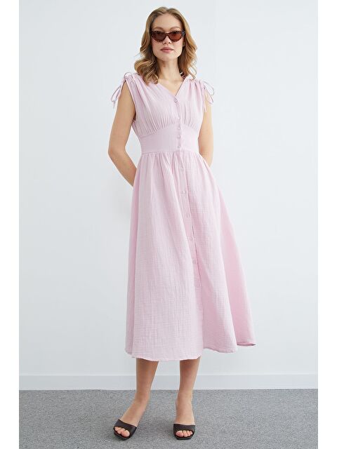 Fullamoda Omuz Bağcıklı Düğmeli Müslin Elbise - S000503997-20024