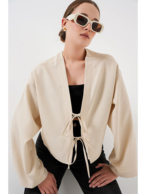 Bigdart Önü Bağlamalı Keten Kimono 960 - Krem - S000380181-19966