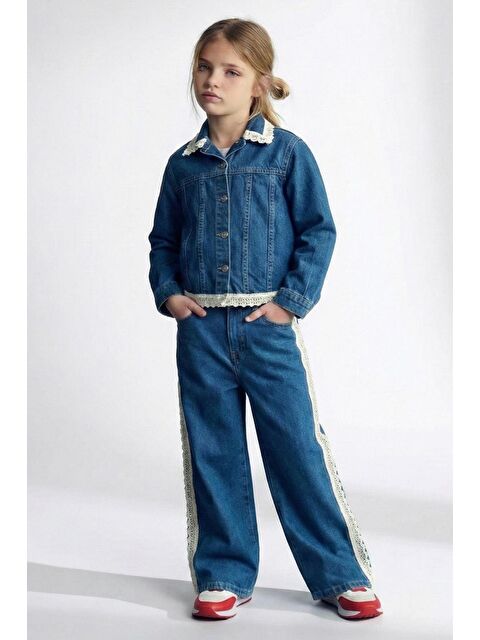 Monila Kız Çocuk Lacivert Şerit Dantel Detaylı Jean Altüst Takım - S000515766-21164