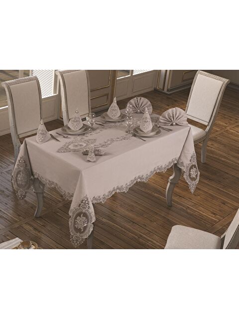Çeyiz Diyarı Fransız Güpürlü Elit Masa Örtüsü Takımı 18 Parça Gri - S000496407-20600