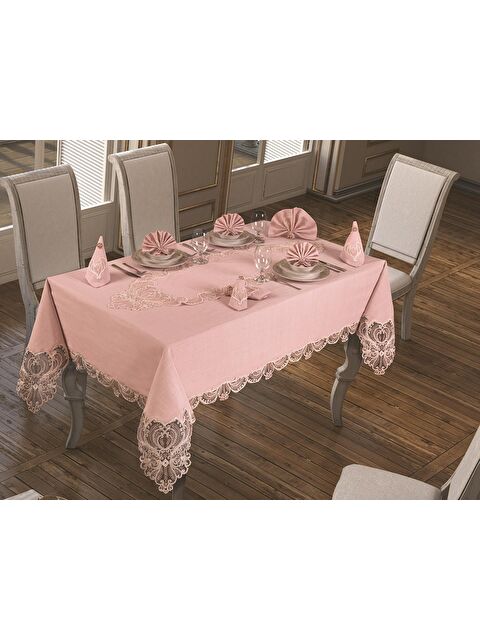 Çeyiz Diyarı Fransız Güpürlü Yasemin Masa Örtüsü Takımı 18 Parça Pudra - S000496409-7152
