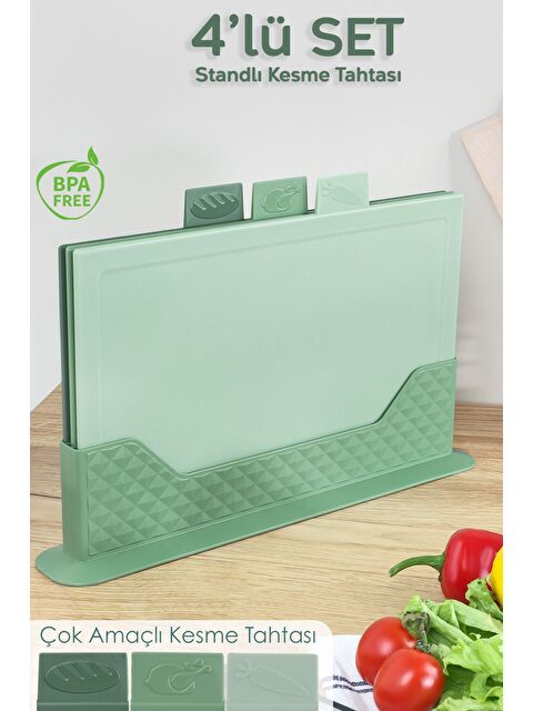 Meleni Home 4 Parça Çoklu Kesme Tahtası Seti Yatay Standlı Doğrama Tahtası Ekmek Sebze Et Kesim Panosu Yeşil - S000385438-18194