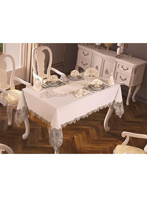 Çeyiz Diyarı Fransız Güpürlü Yasemin Kadife Tek Masa Örtüsü Krem Krem - S000496415-19966