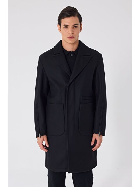 Sabri Özel Giotelli Siyah Regular Fit Ceket Yaka Yünlü Kaşe Kaban - S000524386-19351